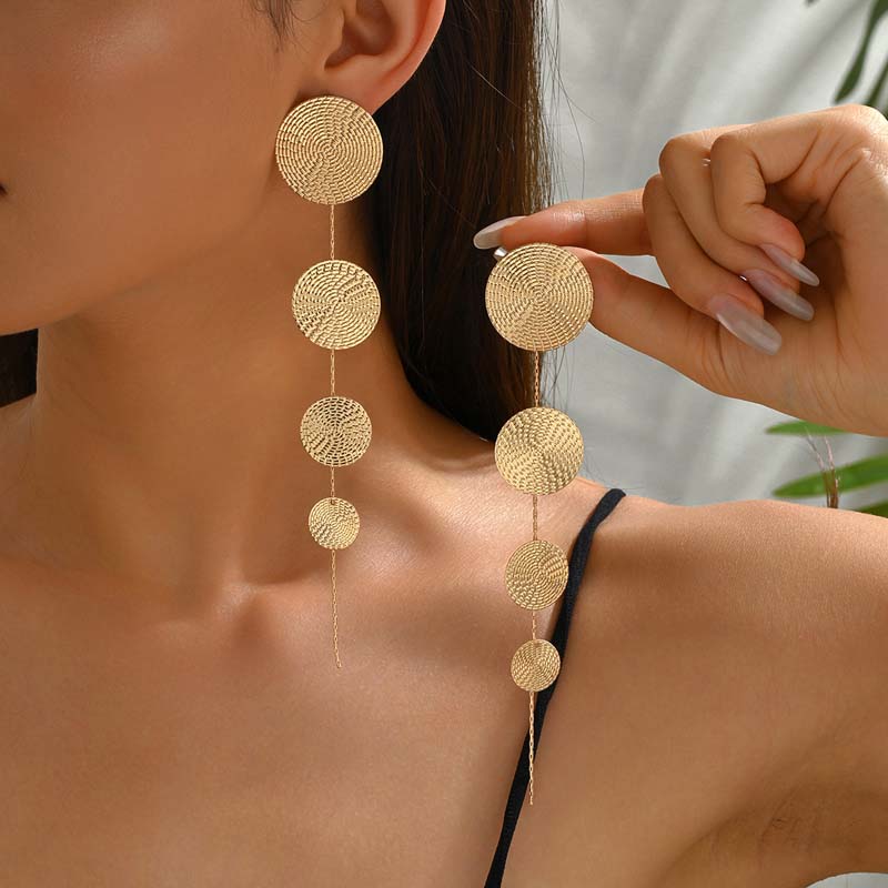 Fashion Gold Color Circular  Pendant Earrings For Women Exaggerated Metal Long Tassel Round Geometric Earrings Zircon Gifts