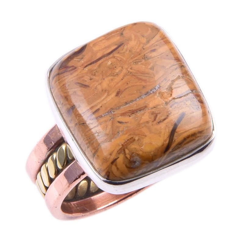 Natural Maryam Jasper Gemstone 925 Sterling Silver Two Tone Ring Size 6.5 Q2Z39