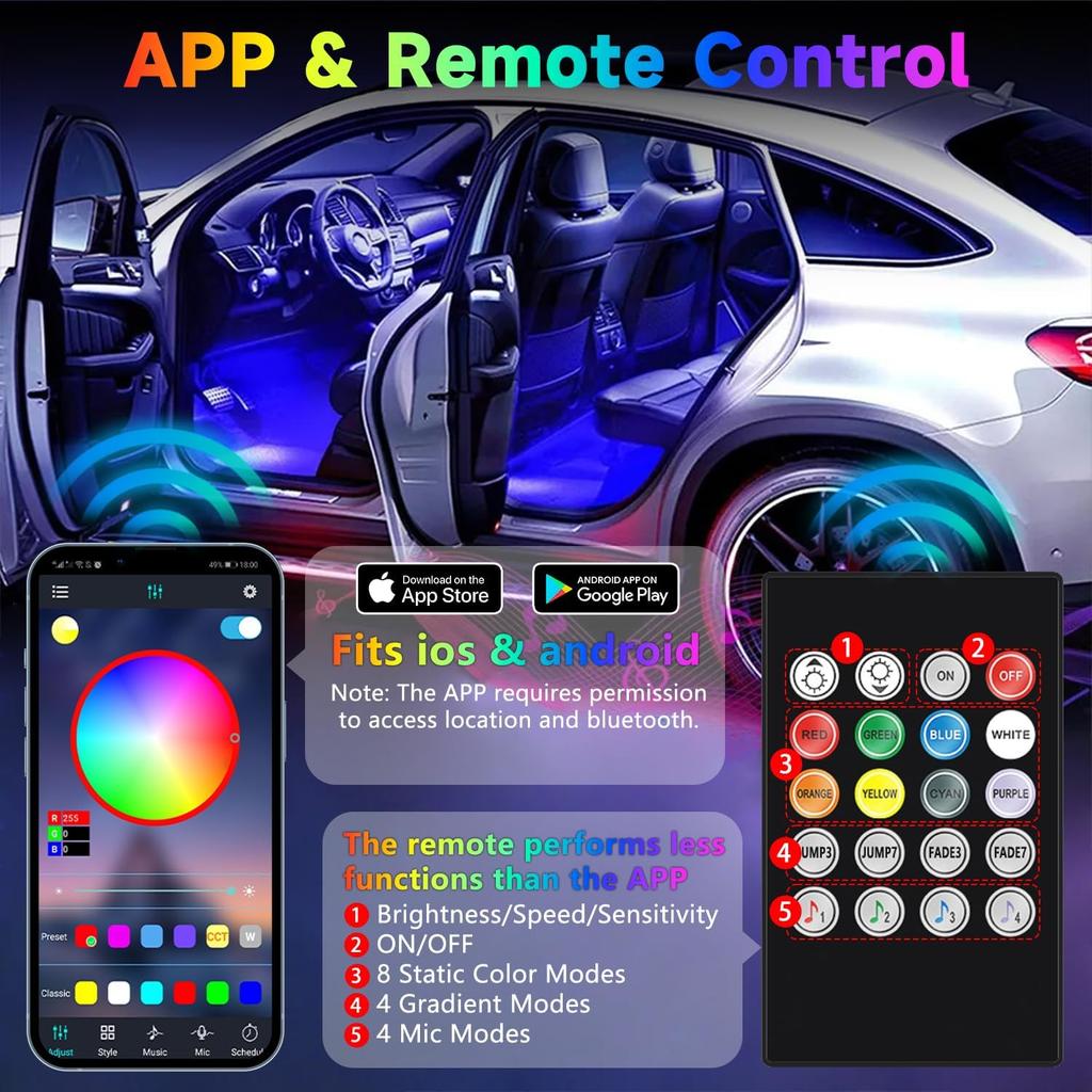 Car Led Light Interior Under Dash Foot Well Light RGB, 29 Modes Static/Gradient/Strobe, Music Sync, With Controller App Timer, USB 5V, Ide Car
