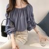 Summer New Korean Style One-line Collar Off-shoulder Loose Layered Chiffon Shirt Elegant Long-sleeved Top Shirt for Women