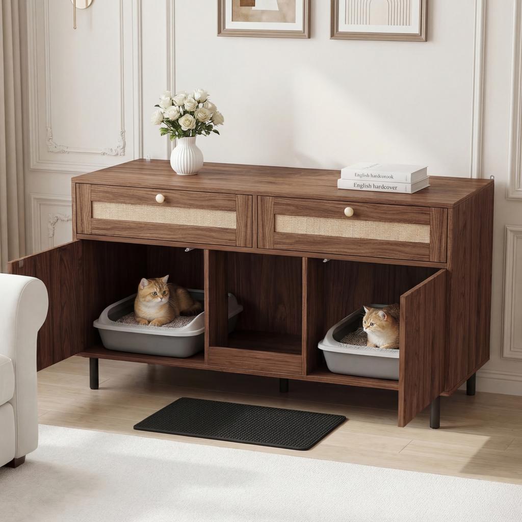 Cat Litter Box Cabinet with Litter Mat, Pet Cabinet with Rattan Drawers, Sideboard/TV Cabinet, Without Litter Box, Walnut, 120x50x65 Cm