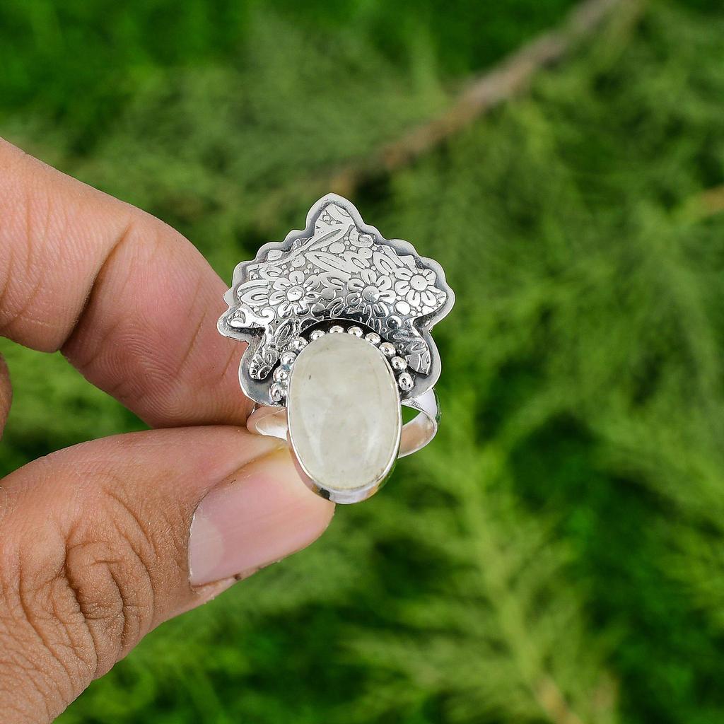 925 Sterling Silver Rainbow Moonstone Stone Handcrafted Trendy Wife Promise Ring