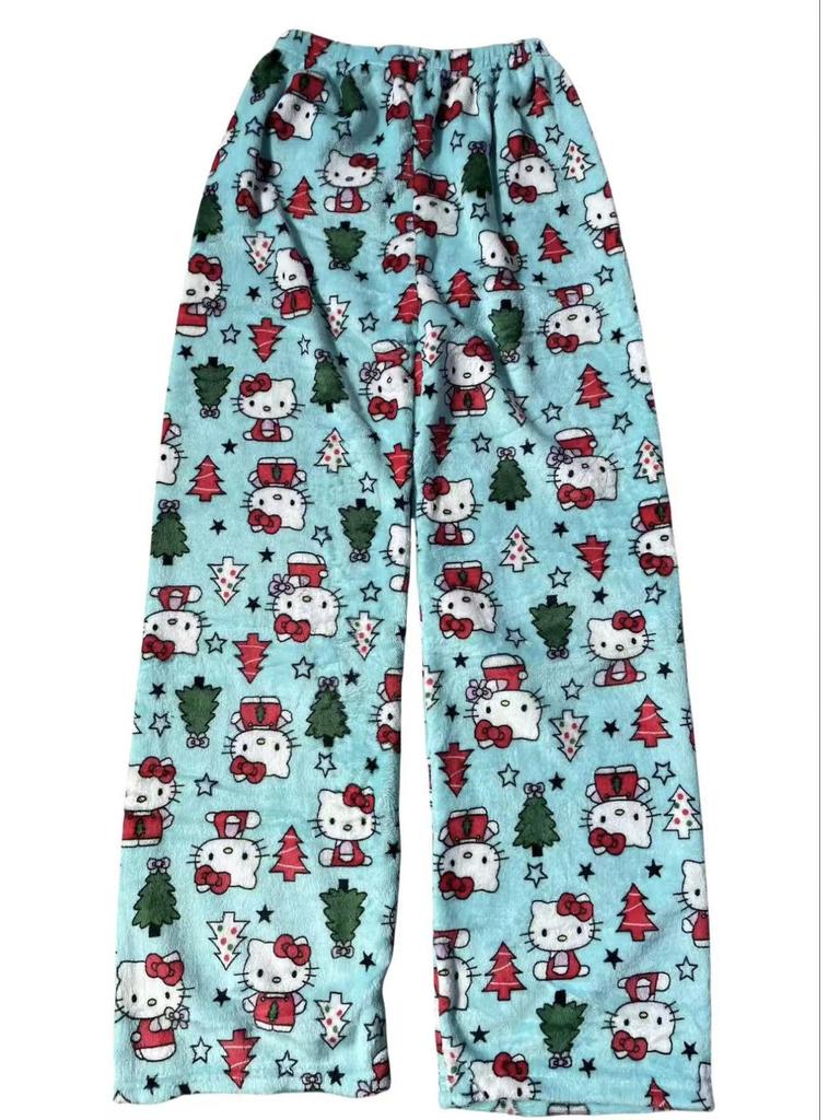 Halloween Cartoon KT Cat Flannel Sleep Pants: Women's Autumn-Winter Plus Velvet Warm Casual Graffiti Homewear.