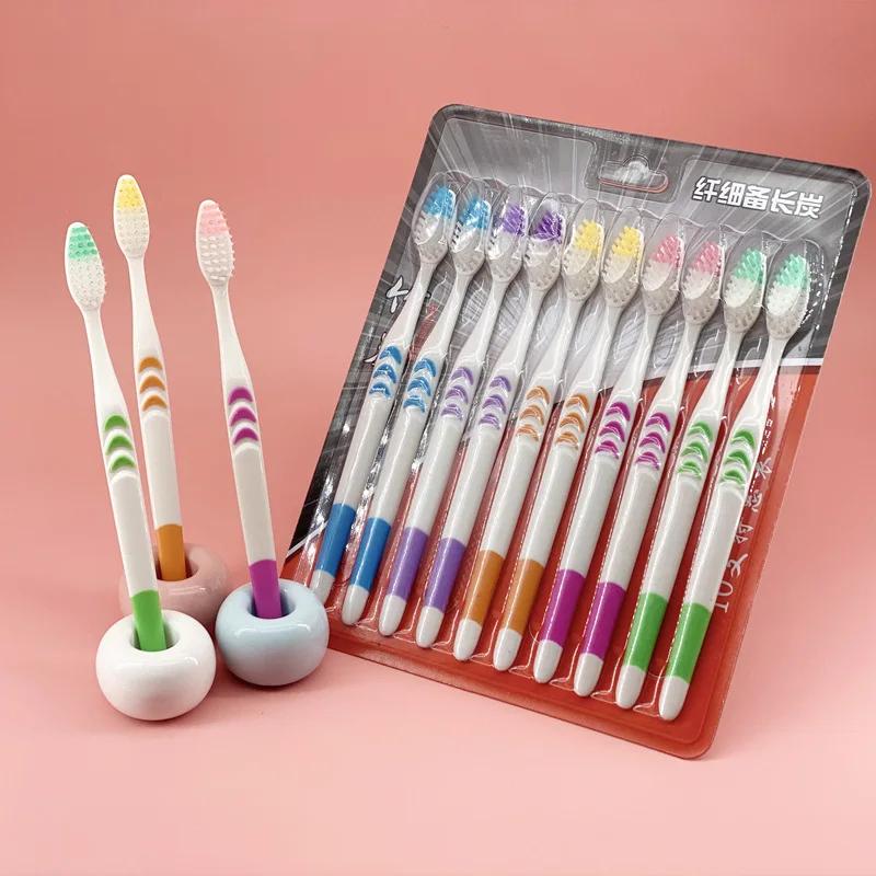 10pcs Toothbrush Soft Bristle Adult Bamboo Charcoal Household Fine Wool Toothbrush Antibacterial for Family Men and Women