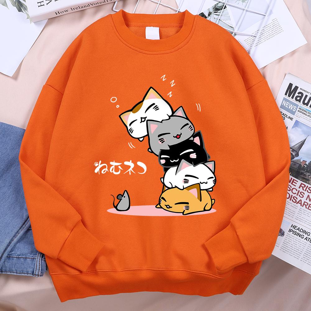 Cute Stacked Cats Sleeping Don'T See The Mouse Women Unisex Clothing Anime Pullover Hoodies Loose Fleece Hoody Casual O-Neck Streetwear
