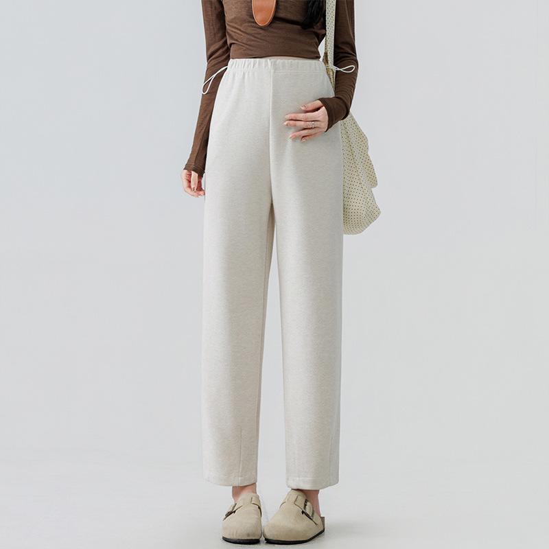 

Korean Style High Waist Herringbone Wool Maternity Cropped Pants - Straight Leg, Loose Fit 3XL