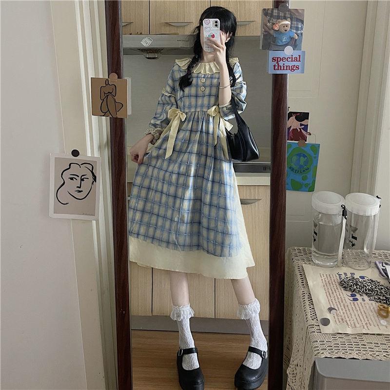 Vintage Vestido a cuadros Mujeres Princesa francesa Vendaje de hadas  Vestido estilo Lolita Otoño Dulce Ropa linda comprar a buen precio —  entrega gratuita, reseñas reales con fotos — Joom