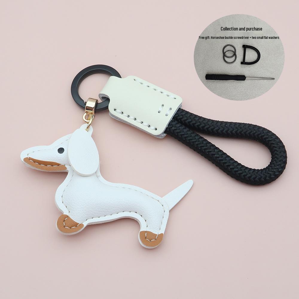 Mini Dachshund Cowhide Keychain: High-Quality Anti-Lost Lanyard with Cute Doll Pendant