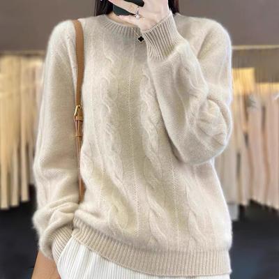 Jesień Zima Kobiety Sweter Wełna Gruby Ciepły O-Neck Sweter Twist Kwiat Kaszmir Jednolity Kolor Dzianina Luźny Okrągły Dekolt Ciepły Bazowy Ubrania