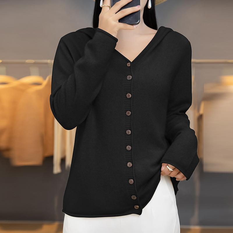 Frühling Herbst Einreiher Strick Cardigan Damen Mit Kapuze Einfarbig Pullover Mantel Locker Schlank Lässig Vielseitig Langarm Strickware