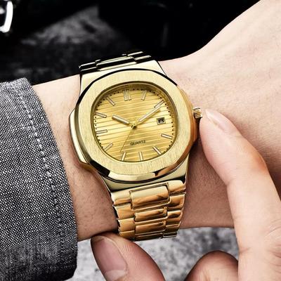 Gold Men Brand Watches Fashion Casual Stainless Steel Band Business Date Quartz Wrist Watch Relogios Masculinos