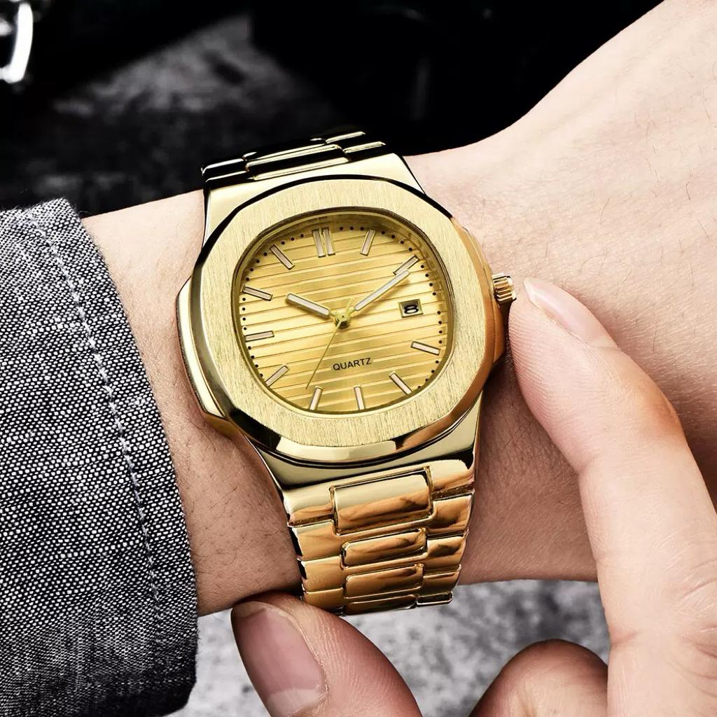 Goldene Herren Markenuhren Mode Freizeit Edelstahlarmband Business Datum Quarz Armbanduhr Relogios Masculinos
