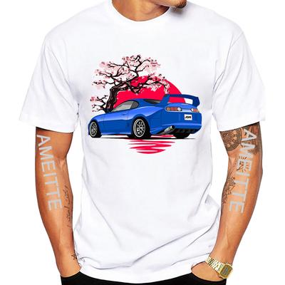 2JZ Blaues Auto Mit Kirschblüten Sport Design T-Shirt Sommer Herren Kurzarm Junge Lässige Oberteile C