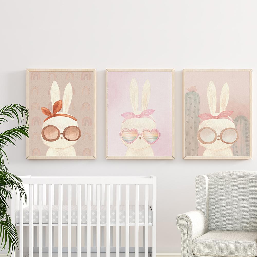 Boho Rainbow Bunny Wall Art Canvas Painting Nordic Poster Art Prints Cactus Rabbits Pictures for Girls Room Childrens Room Decor
