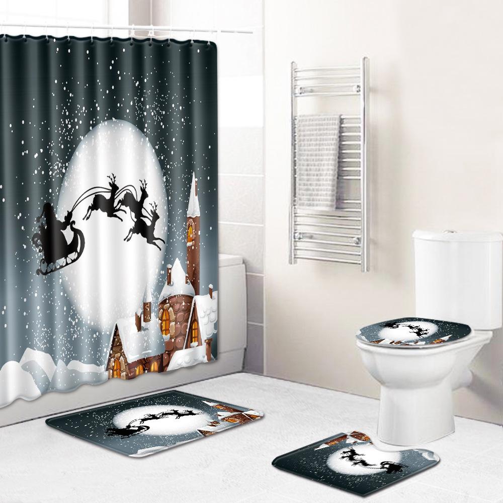 Christmas Toilet Seat Shower Curtain Four-Piece Printed Floor Mat Set Bathroom Floor Mat Bedroom Absorbent Door Mat Carpet