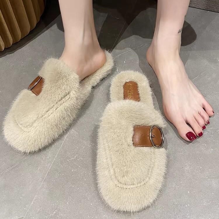

Hairy slippers women wear autumn and winter rabbit plush home bag head cotton slippers 35 абрикосовый
