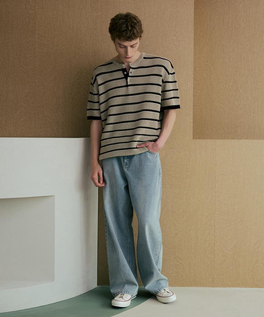 NODU Henley Neck Striped Short Sleeve Knit [3 Colors]