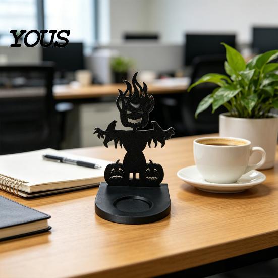 Halloween Candle Holder 3D Printed Ghost Scarecrow Holder, Decor with Pumpkin & Crow Design, Matte Accessory Black One-Piece Craft, Round