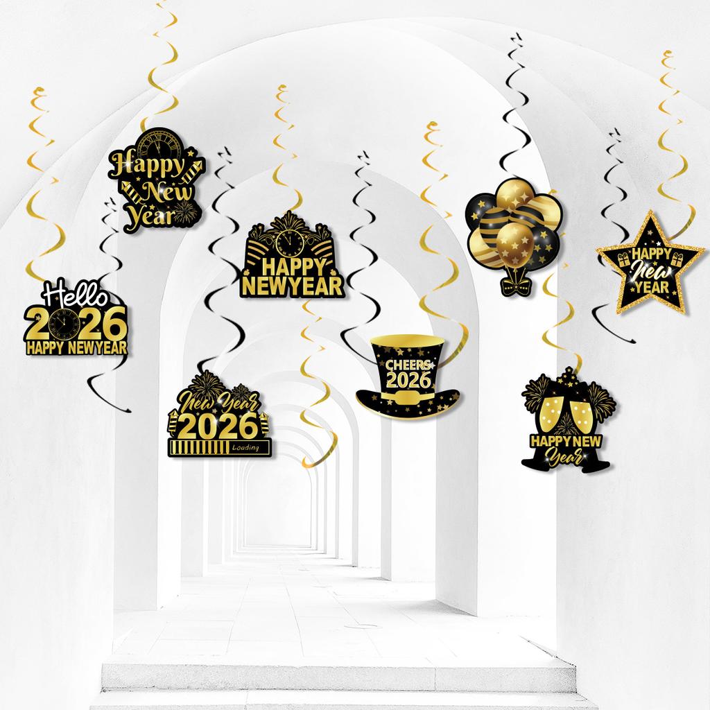 Black Gold Happy New Year 2026 Banner Decorations Hanging Bunting for Spiral Swirls New Year Party Ceiling Streamers Decorations