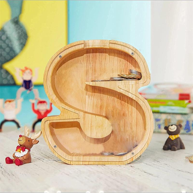 18cm Twenty-six Letter Piggy Bank Wooden Coin Money Saving Box Jar Coins Storage Box Desktop Ornament Home Decor Craft Xmas Gift