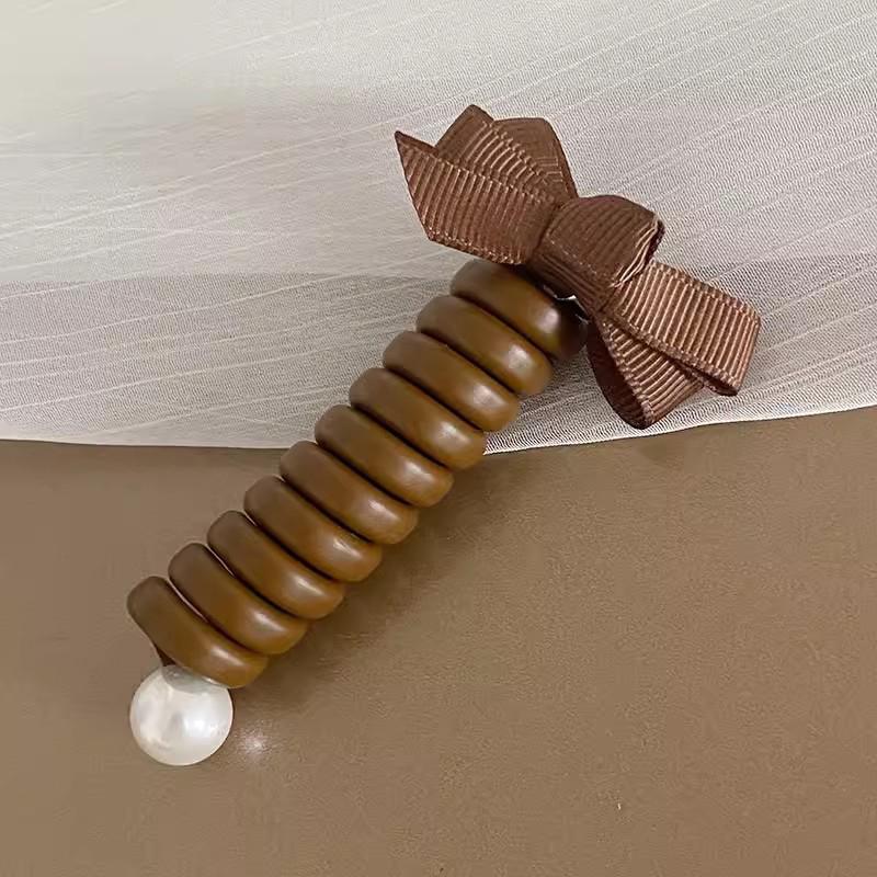 Bowknot Braided Telephone Wire Hair Bands,Spiral Hair Ties Phone Cord With Pearl,Waterproof High Elastic Rubber Hair Band