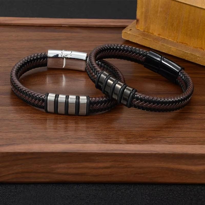 Antistatisches Armband Herren Edelstahl Leder Stahlfarbe Neuer Vintage-Stil Magnetisches Gewebtes Armband