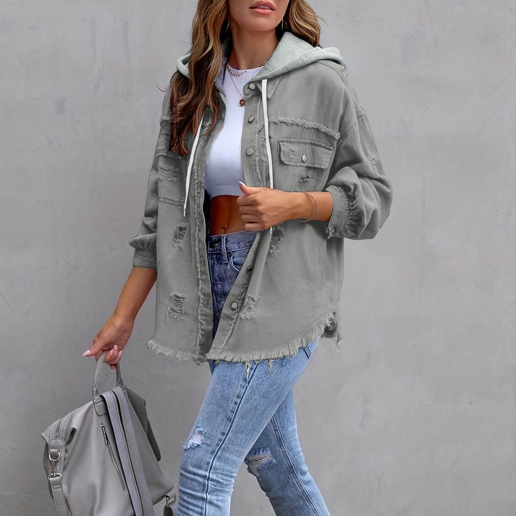 Women's Fashionable Casual Loose,fitting Distressed Patchwork Mid,length Denim Jacket