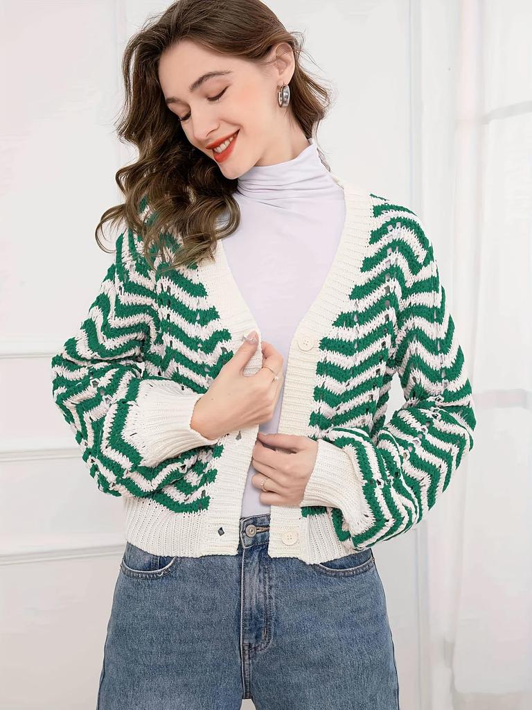 Women's Retro Striped V-Neck Button Knit Cardigan – Long Sleeve, Hollow Design for Autumn/Winter