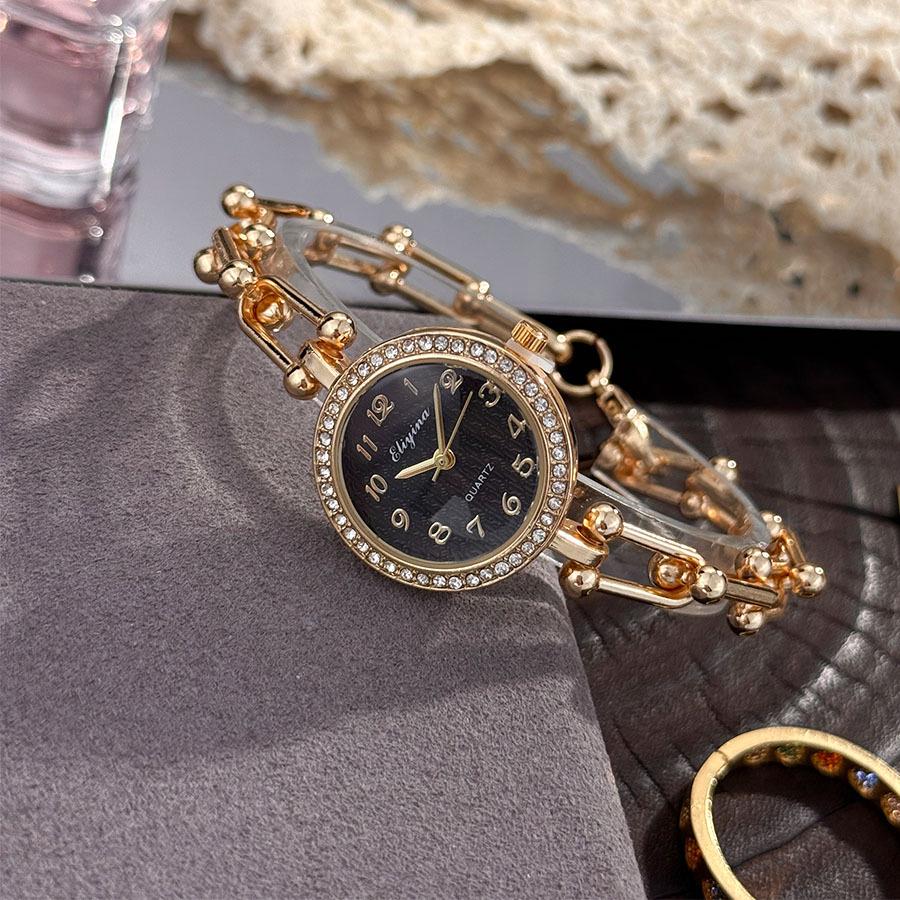 New Women's Luxury Gold Thick Chain Watch with Multi-color Diamond-embellished Dial, Retro Style Bracelet Quartz Wristwatch