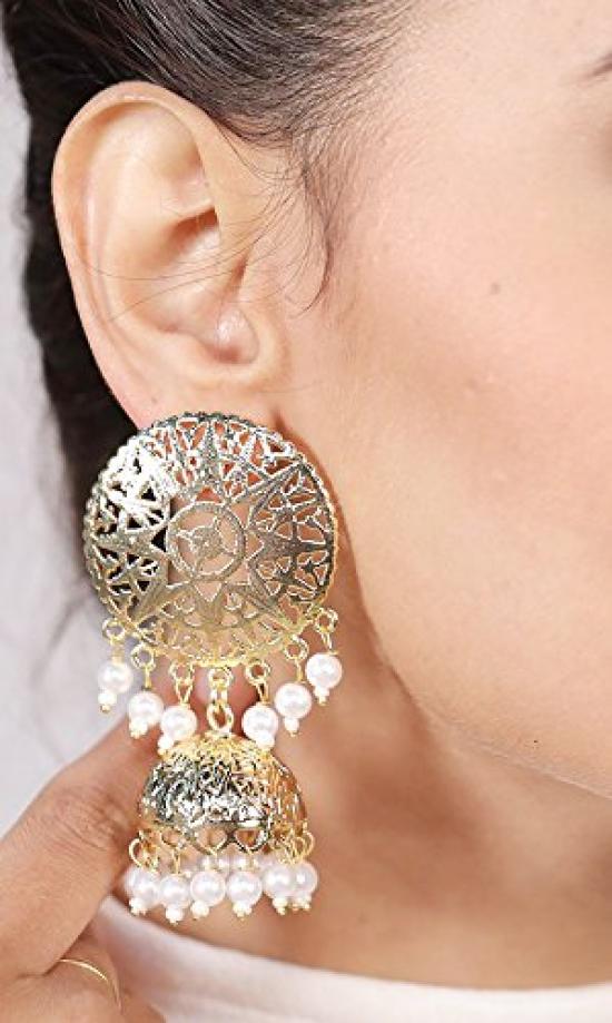 Touchstone Indian Bollywood Innovative Finely Embossed Architectural Style Bridal Chandelier Jewelry jhumki earrings hung with tassel pearl tassels