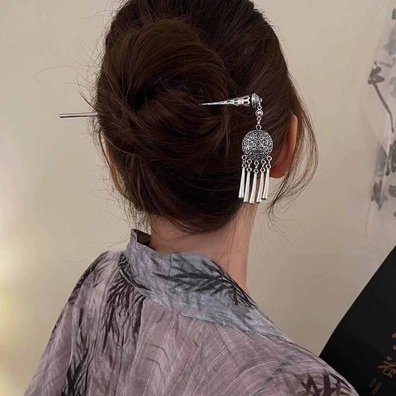 Chinese Style Butterfly Fan Tassel Hair Stick For Women Vintage Metal Hanfu Chopstick Hair Sticks Hair Accessories