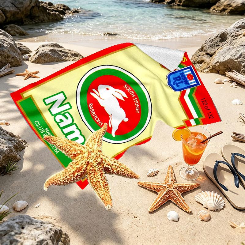 Custom Name Personalized South Sydney Rabbitohs Print Beach Towel, for Trip Camping Beach Party Home Decor, Birthday Gift for Family & Friends