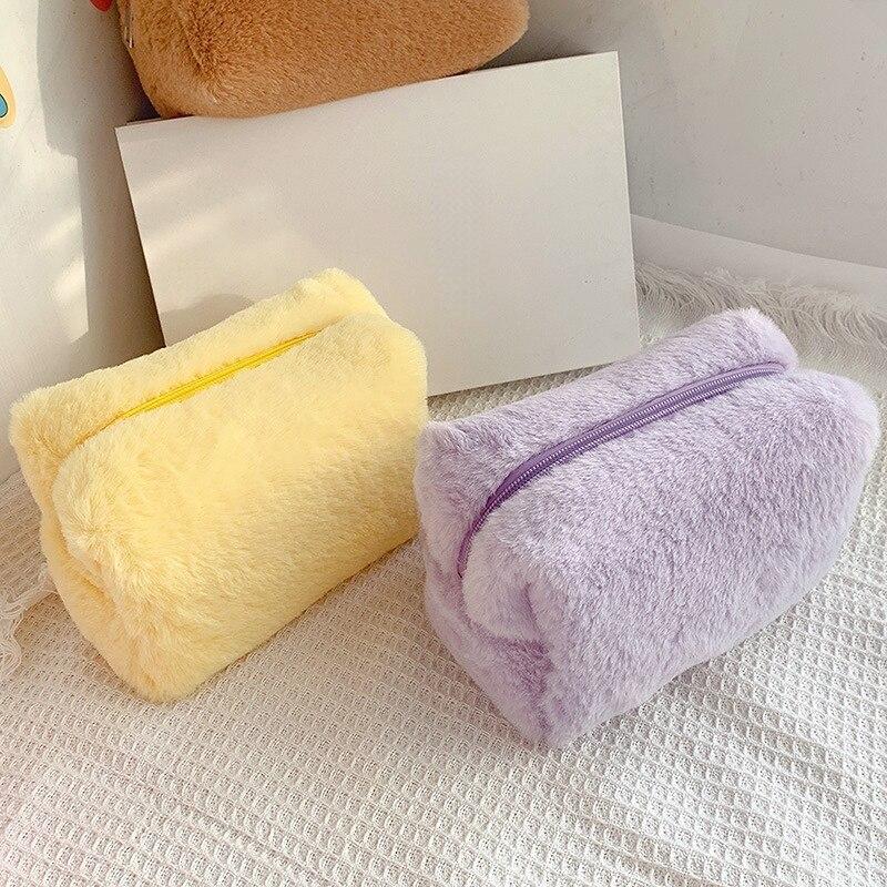 Solid Color Makeup Bags Women Soft Plush Cosmetic Make Up Brushes Storage Case Travel Toiletry Organizer Handbag Girls Gift