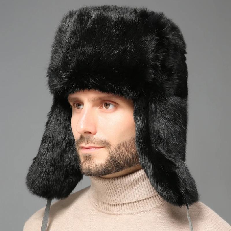Men Trapper Hat Winter Russian Ushanka Hat with Faux Rabbit Fur Earflap Hat Windproof for Hunting Skiing
