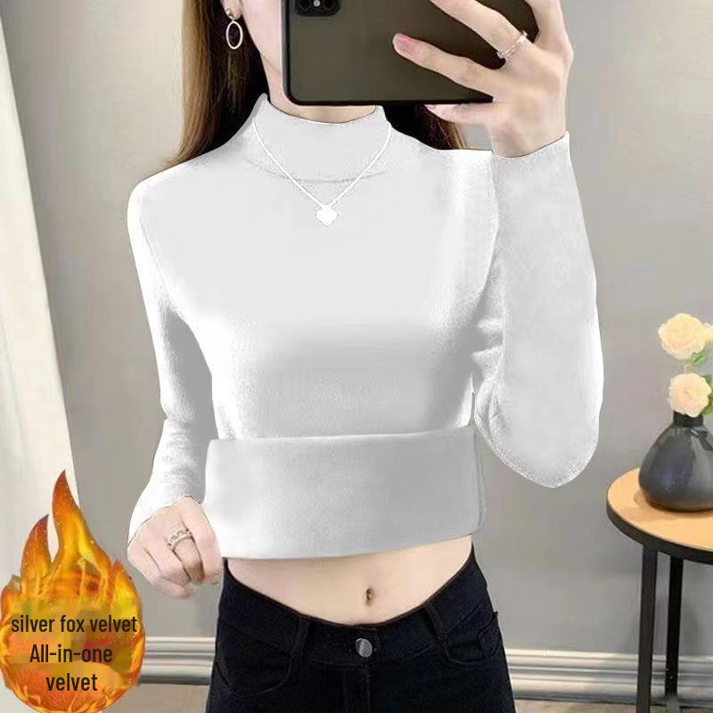 

Women s Plus Size Silver Fox Velvet Stand-Up Collar Long-Sleeve Winter Shirt - Warm, Thickened, Slim Fit. 2XL