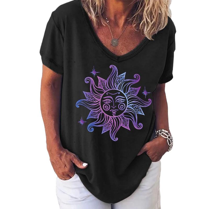 Modă Primăvară Bluze cu Imprimeu Retro Mânecă Scurtă Tricouri cu Guler în V Casual