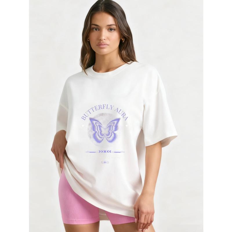 Oversized T-Shirt Black Butterfly Aura Graphic Print With Text Statement Casual Streetwear Fashion Top For Women