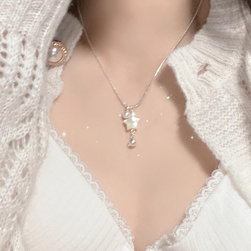 Silver Pentagram Shell Pearl Pendant Necklace Niche Design Clavicle Chain 2023 New Neck Chain Accessories Women