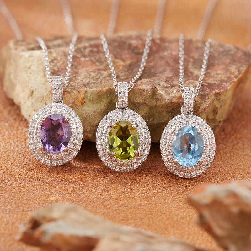 S925 Sterling Silver Colored Treasure Necklace Women'S Natural Topaz Citrine Amethyst Garnet Peridot Pendant