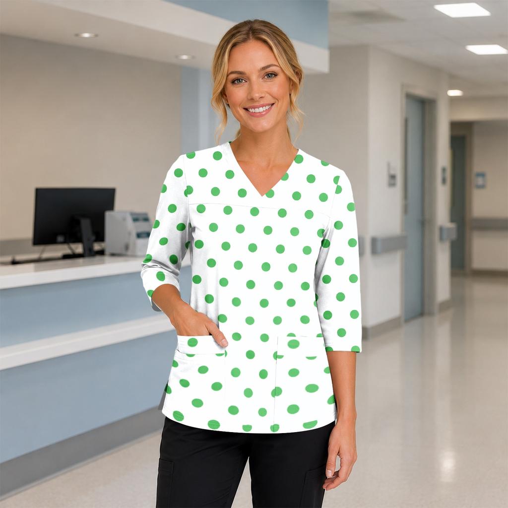 Women's Floral Print V-Neck Scrub Top with Pockets, Three-Quarter Sleeves, Side Split for Nurses