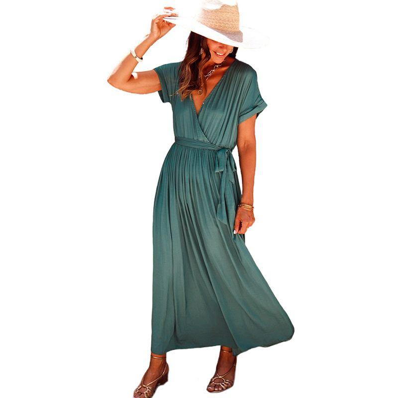 

Fashion V Neck Elegance Summer Pleated Waist Dress Green L code fits (62.50 kg-70.00 kg