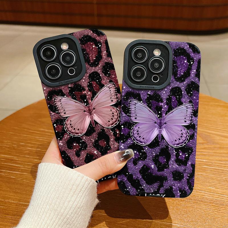 Vertical Grain Leather Shell Butterfly Printed Patterned Shockproof Soft Silicone Case with Camera Lens Full Protection for iPhone