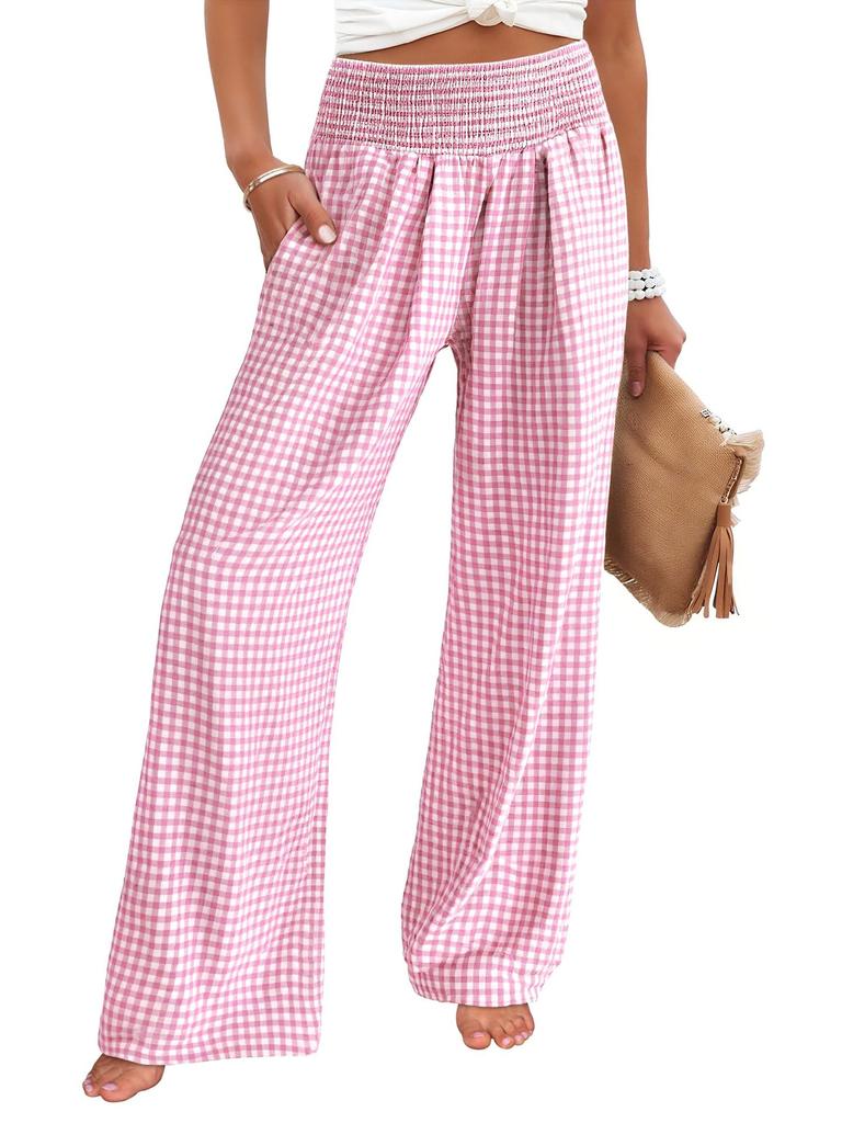 Women's High Waist Elastic Waistband Wide Leg Pants Multi Color and Pattern Plaid and Solid Options