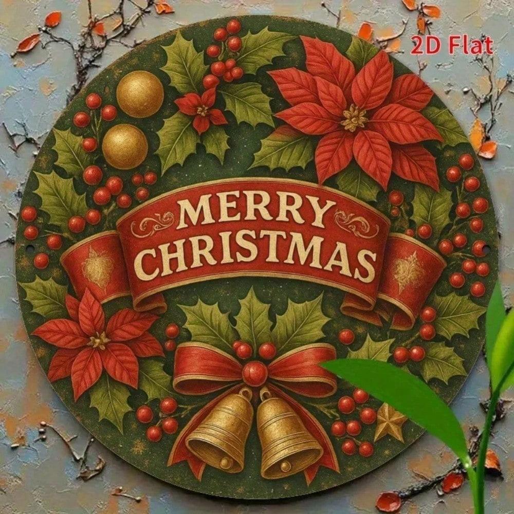Vintage Christmas Iron Sign Wreath With Poinsettia Bells Ribbon Metal Wall Art Holiday Home Decor For Front Door Mantel Gift