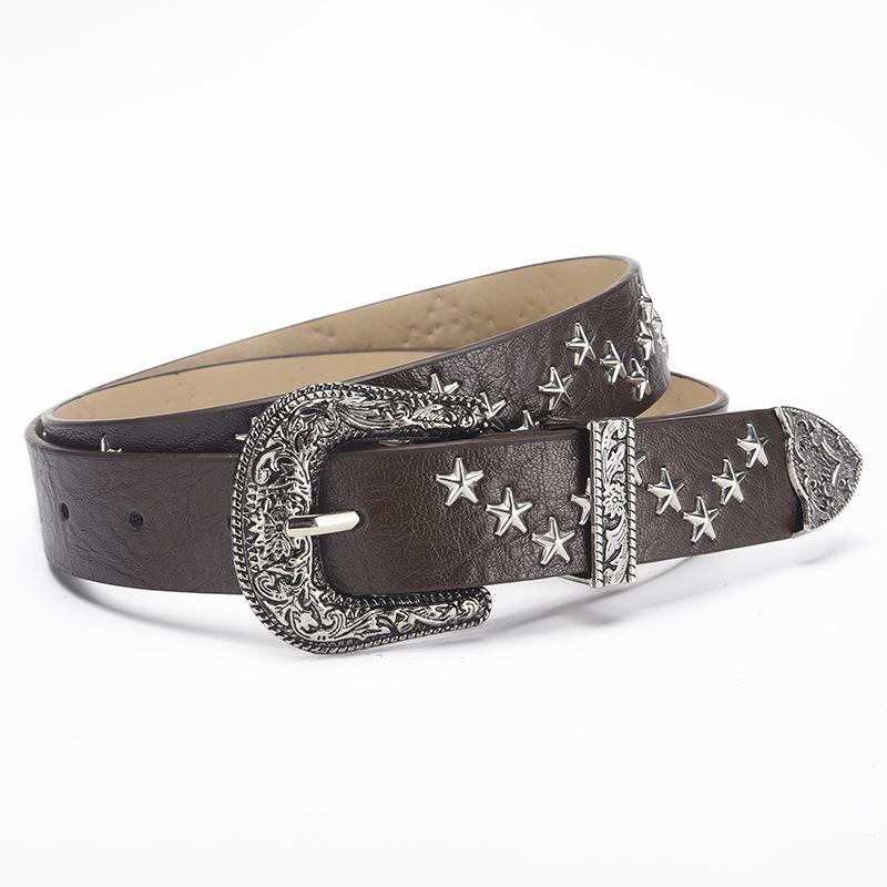 2024 Korean Niche Design Retro Belt: Women's Star-Decorated High-End Brown PU Leather Waist Belt.