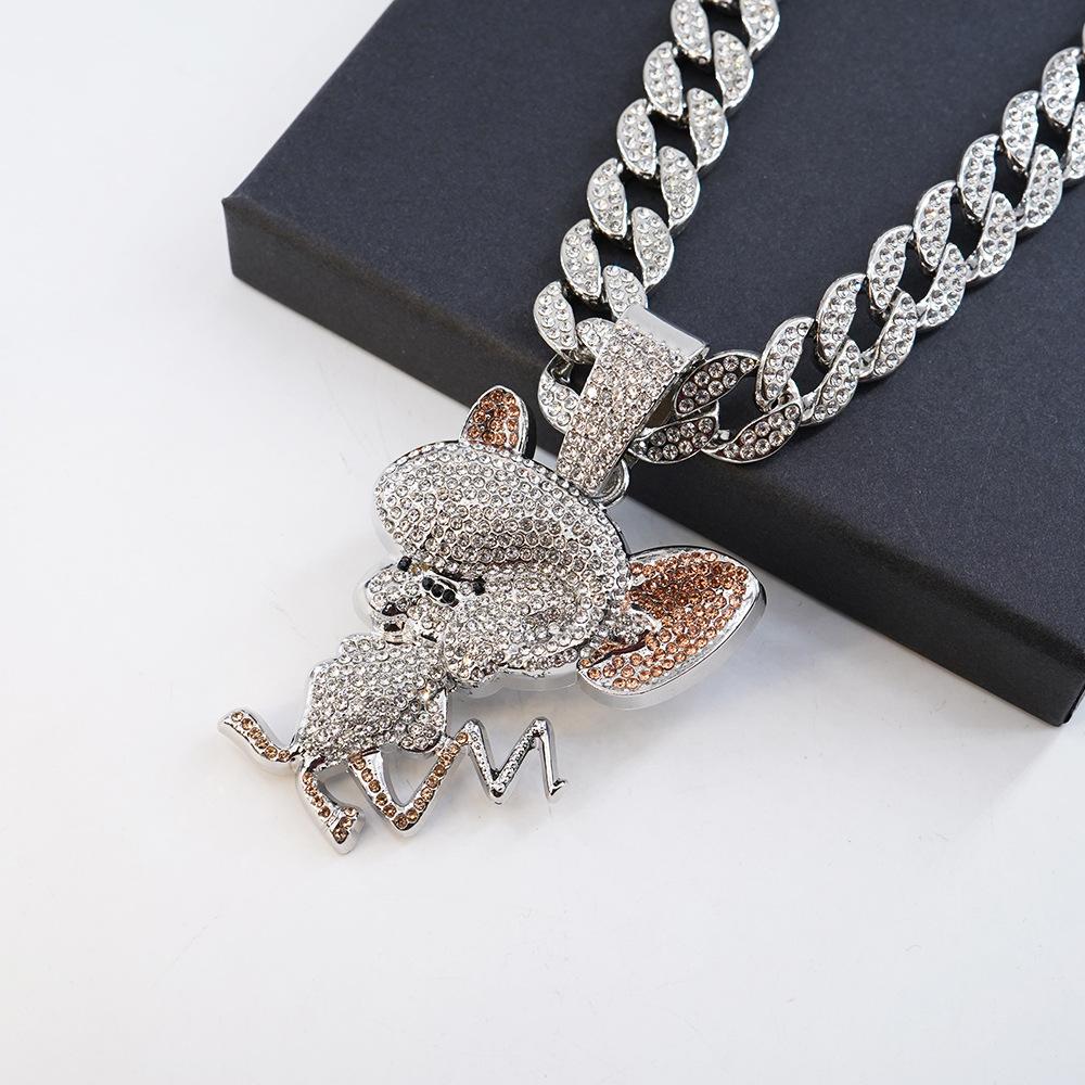 Cartoon Animal Mouse Full Diamond Three-dimensional Pendant Cuban Necklace, European and American Fashion Versatile Men's and Women's Accessories