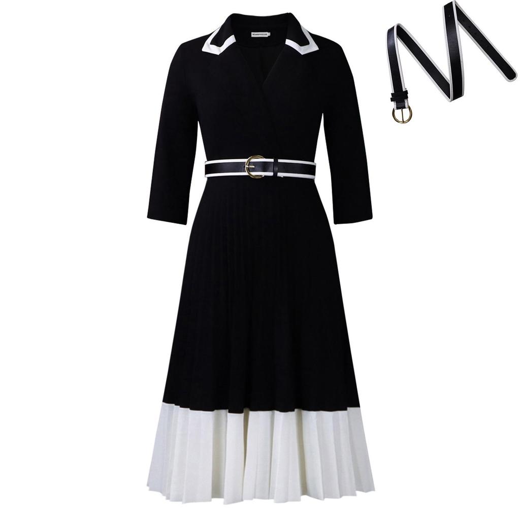 D3352 Autumn/Winter European and American Women's Solid Color Long Sleeve Pleated A-line Dress