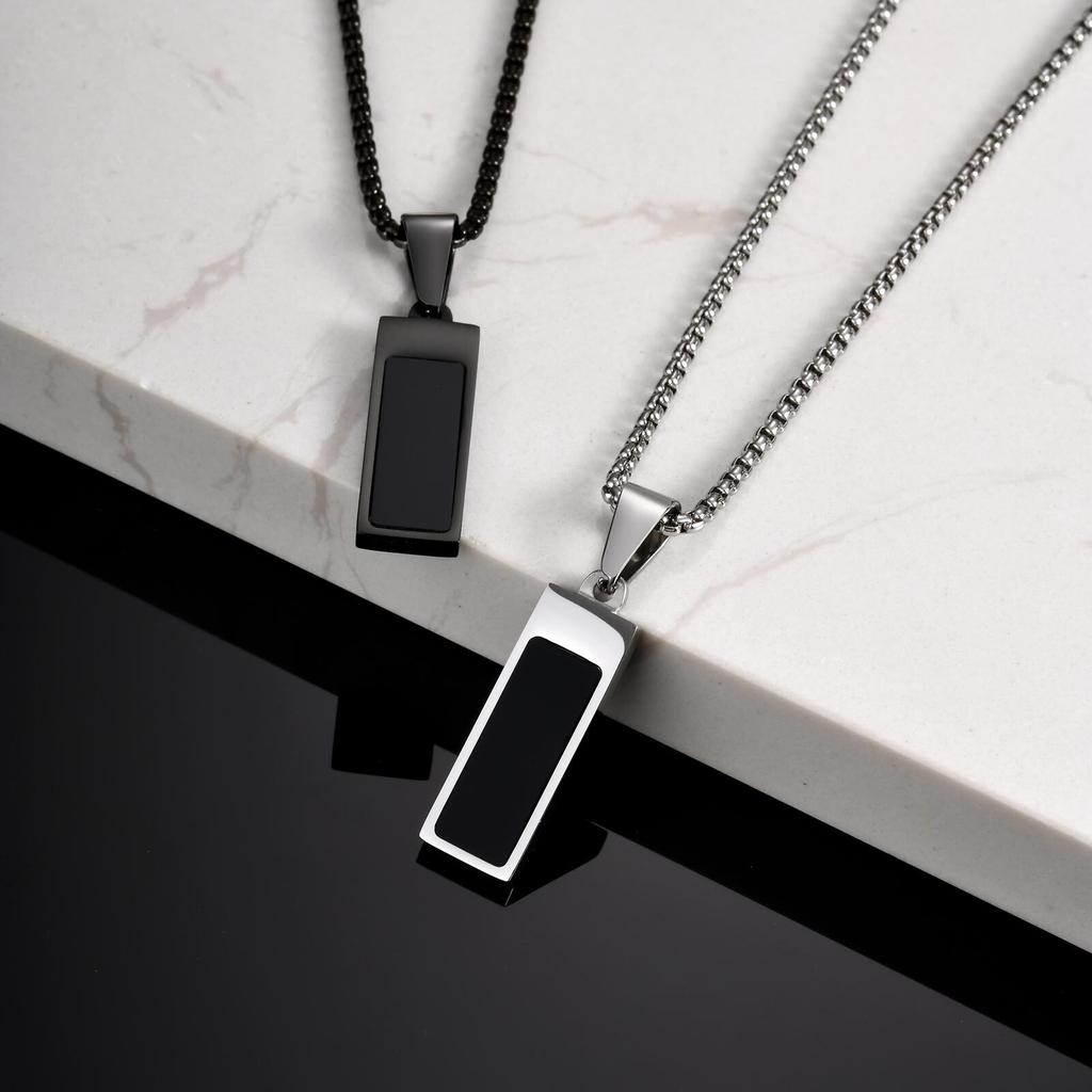 Black Acrylic Rectangular Pendant Necklace for Men,Waterproof Stainless Steel Vertical Necklace,Trendy Casual Jewelry Gift