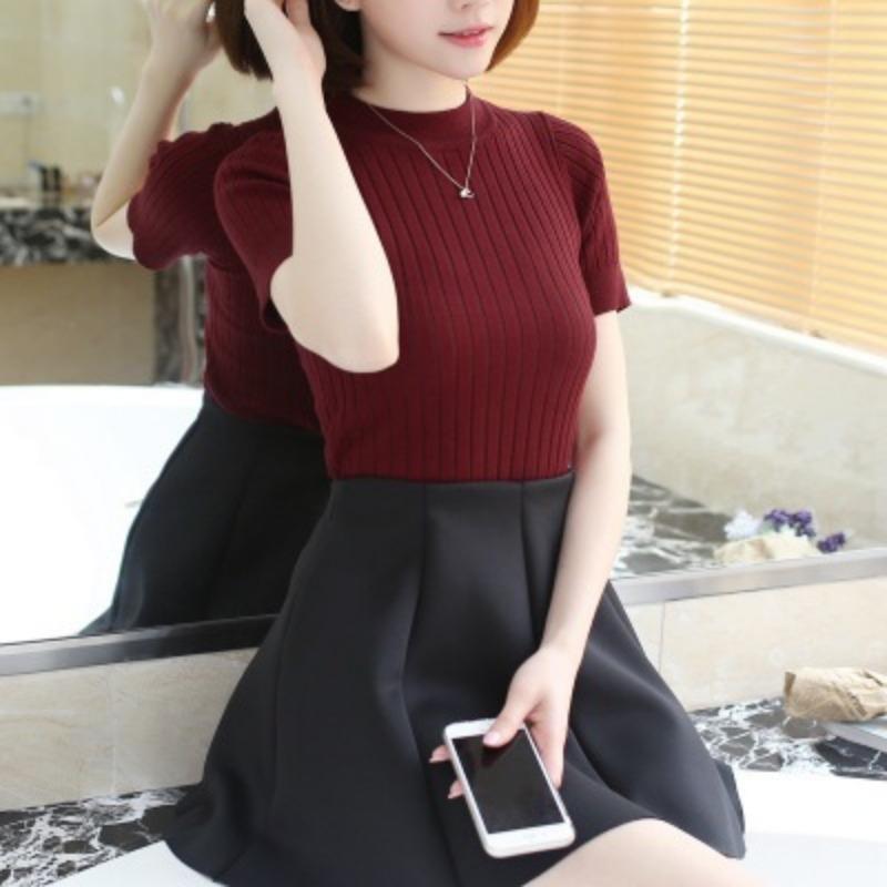 

Летняя трикотажная женская футболка с коротким рукавом, облегающая, модная, тонкая, с круглым вырезом, женская одежда, однотонные, элегантные, простые, женские футболки 26359 One Size бордовый