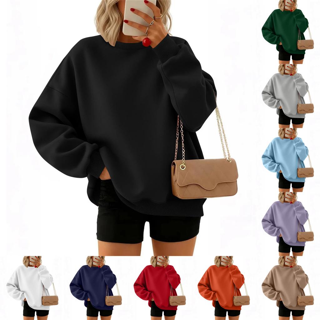 Women's Fashion Long Sleeve Solid Color Round Neck Loose Pullover Sweater Top